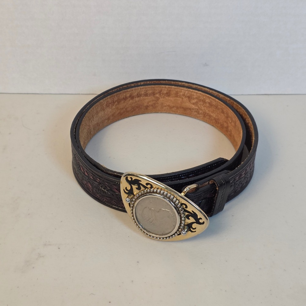 VTG Lyntone Western Belt Top Grain Saddle Leather Eisenhower Dollar Buckle 38